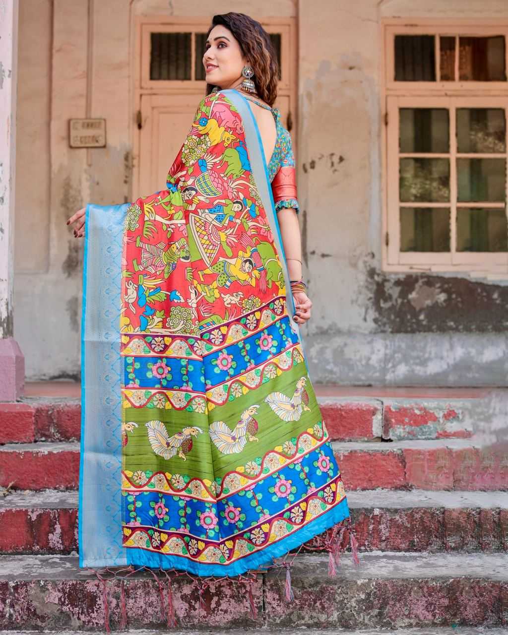 Multi Color Pure Silk Saree with Broad Print